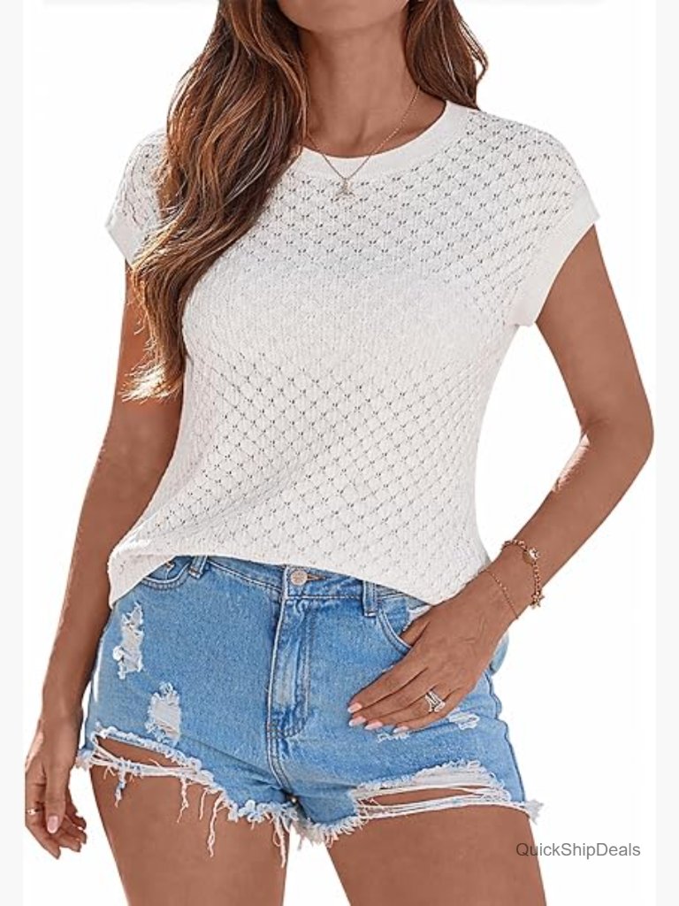 Short Sleeve Crewneck Sweater Vest 100% Rayon Loose Knit Top